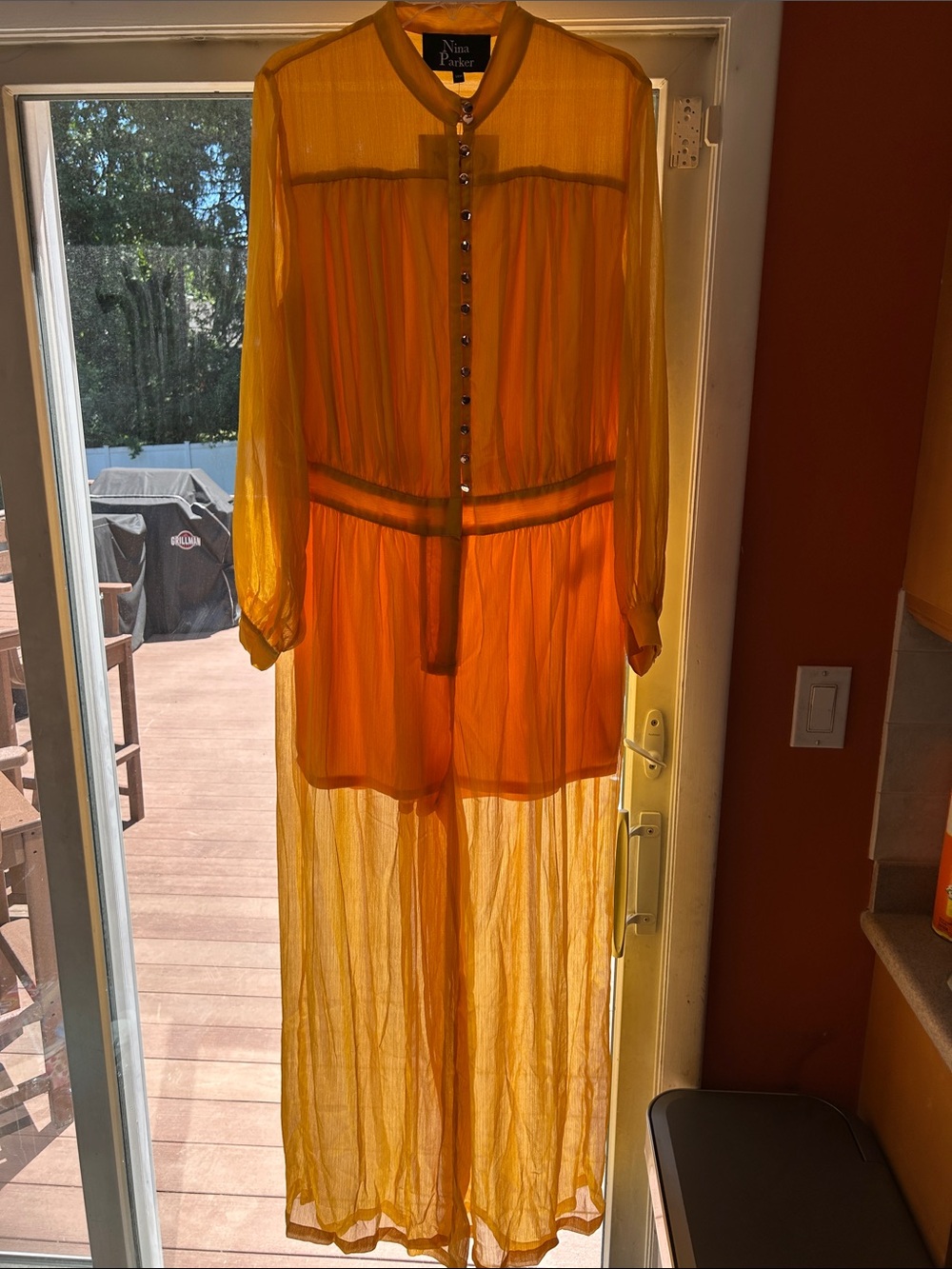 Nina Parker Sheer Long Button Front pantsuit- Amber Yellow
